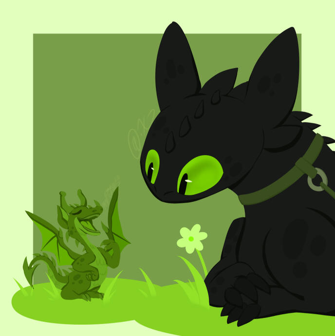 a monochrome picture of Toothless from the book series and Toothless from the movie series, How to Train Your Dragon