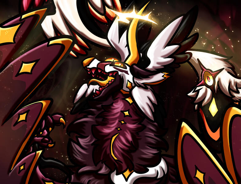 an Aeries and the tail of an Angelic Warden (from Creatures of Sonaria) on a forggy dark red background