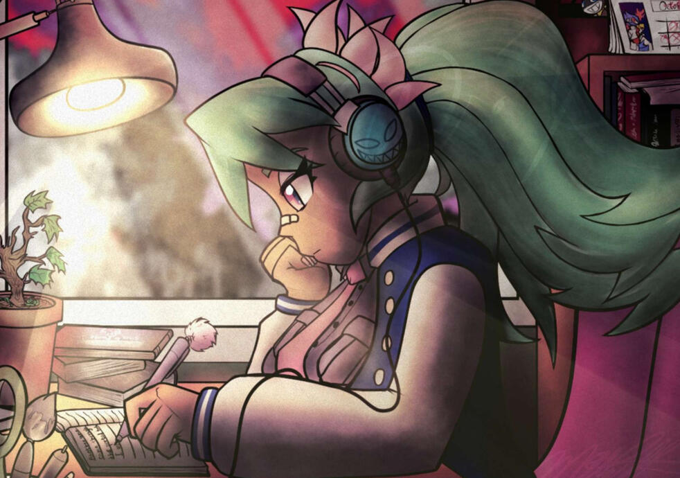 Fukua from the fighting game Skullgirls in a pose/setting referencing the "Lo-Fi Girl" by Juan Pablo Machado